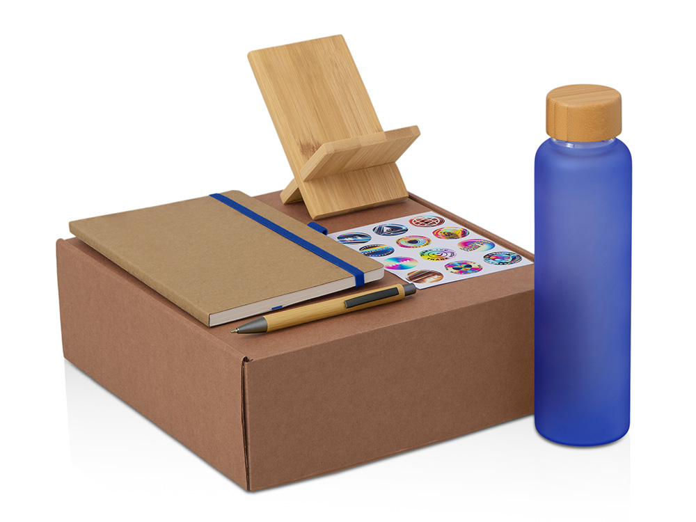 Подарочный набор с бутылкой для воды. блокнотом, ручкой и подставкой для телефона, синий-0