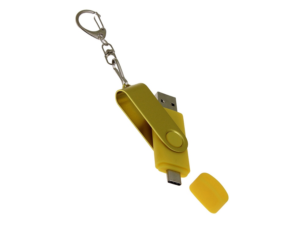 USB-флешка на 64 Гб 2 в 1 поворотный механизм, c дополнительным разъемом Type-C с одноцветным металлическим клипом, желтый-3
