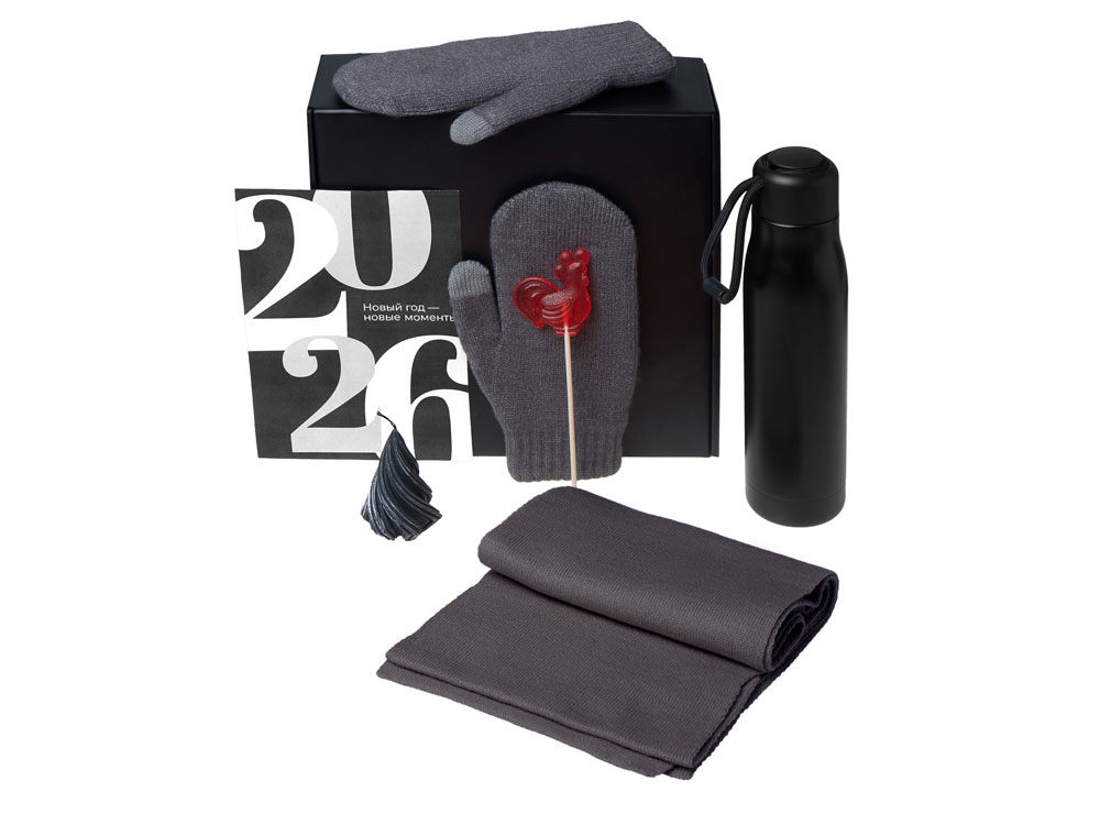 Подарочный набор с варежками, шарфом и термосом, серый-1