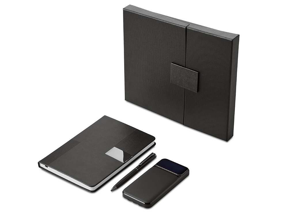 Подарочный набор Tesla с блокнотом А5, ручкой и пауэрбенком на 10 000 mAh, черный-0