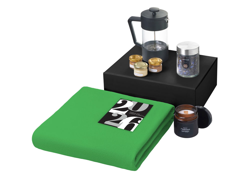 Подарочный набор c пледом, френчпрессом, чаем и медом, зеленый-1