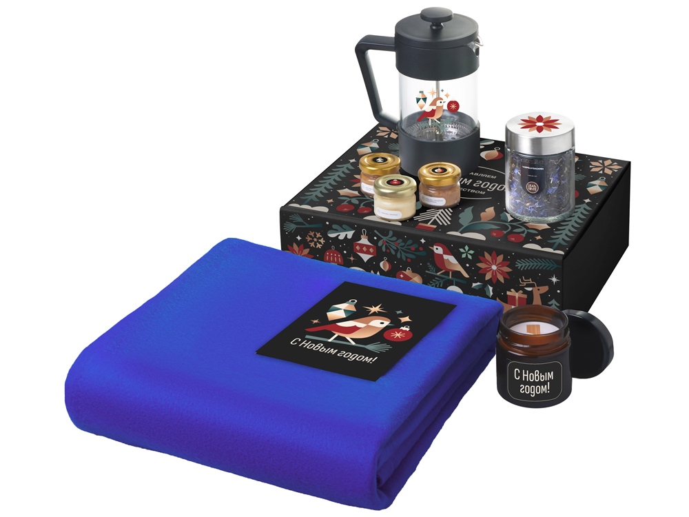 Подарочный набор c пледом, френчпрессом, чаем и медом, синий-0