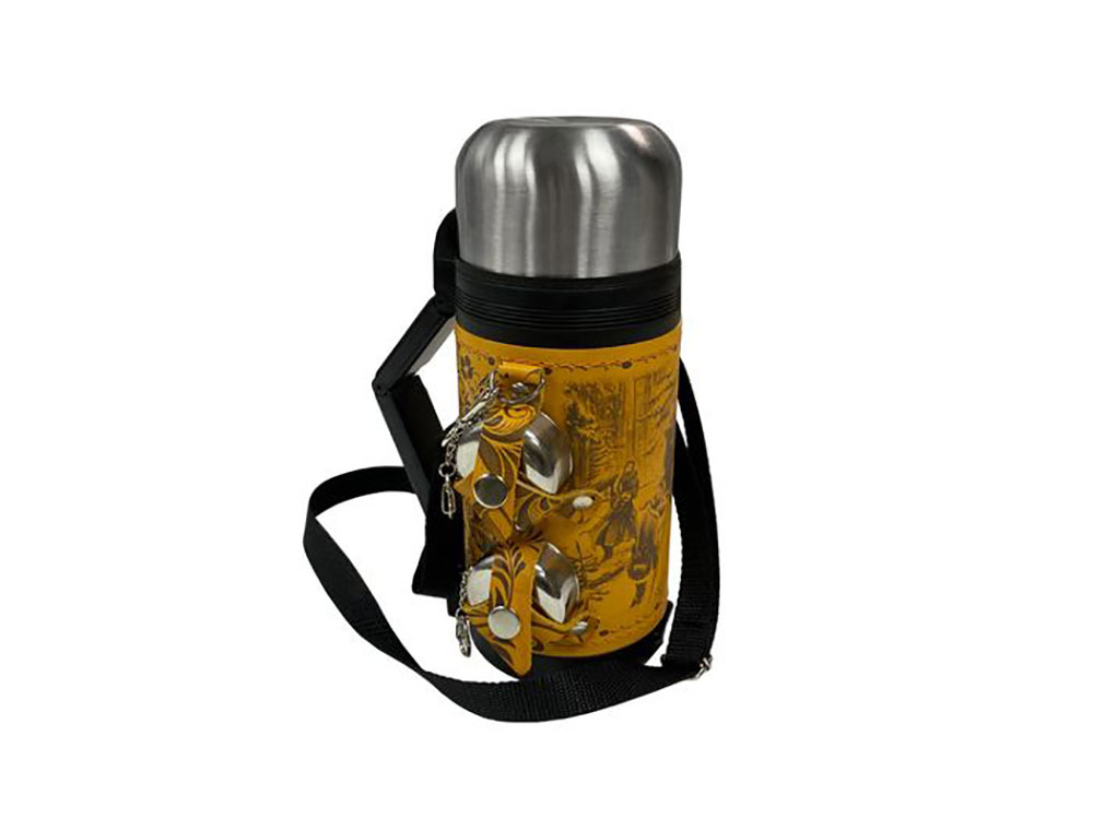 Термос в кожаном чехле, 1,2л, рыжая кожа-1