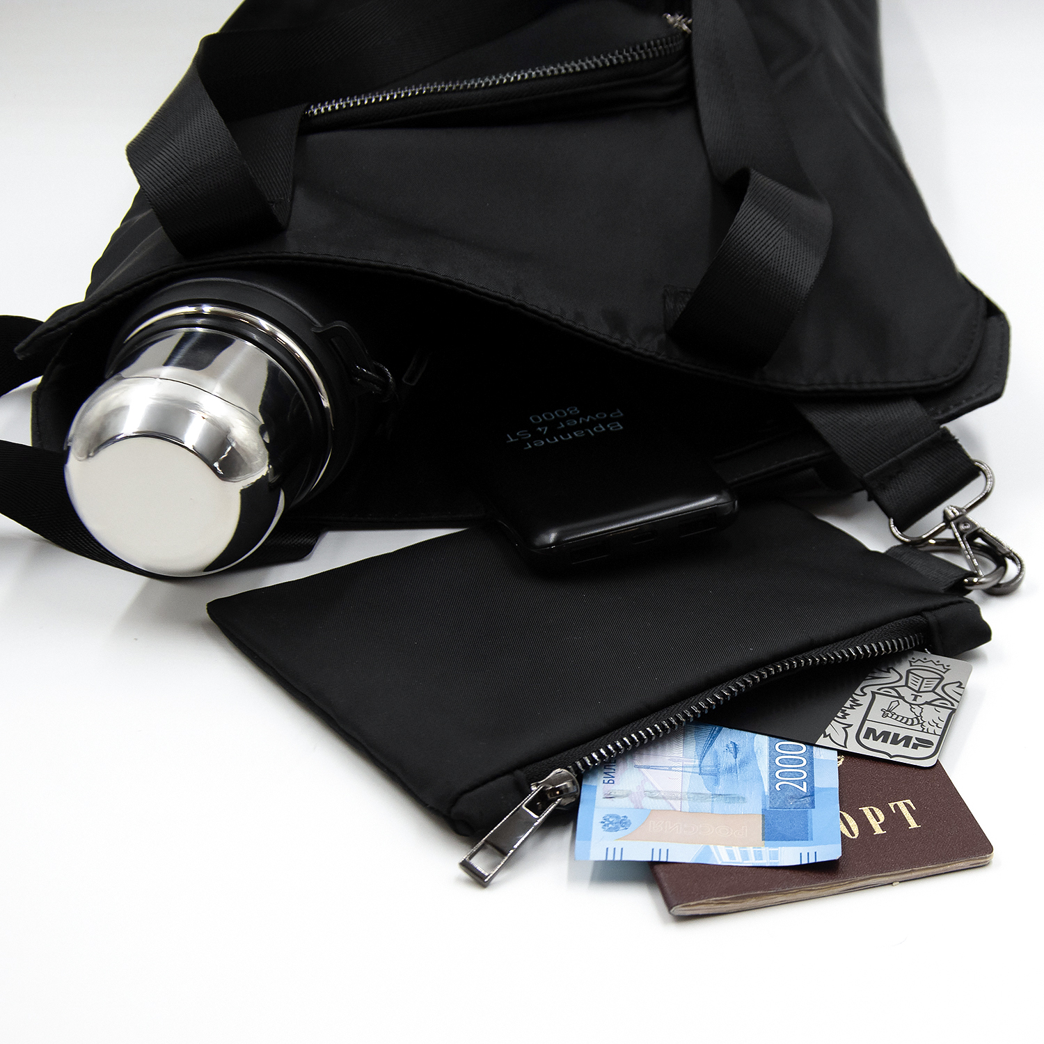 Шоппер Superbag Pocket, с внутренним креплением (карабин) и чехлом для мелочей (черный)-4