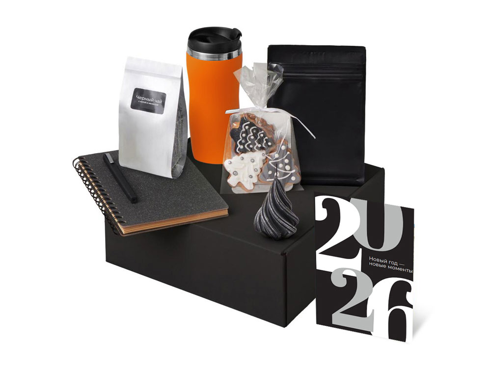 Подарочный набор c термокружкой, чаем, кофе и блокнотом, оранжевый-1