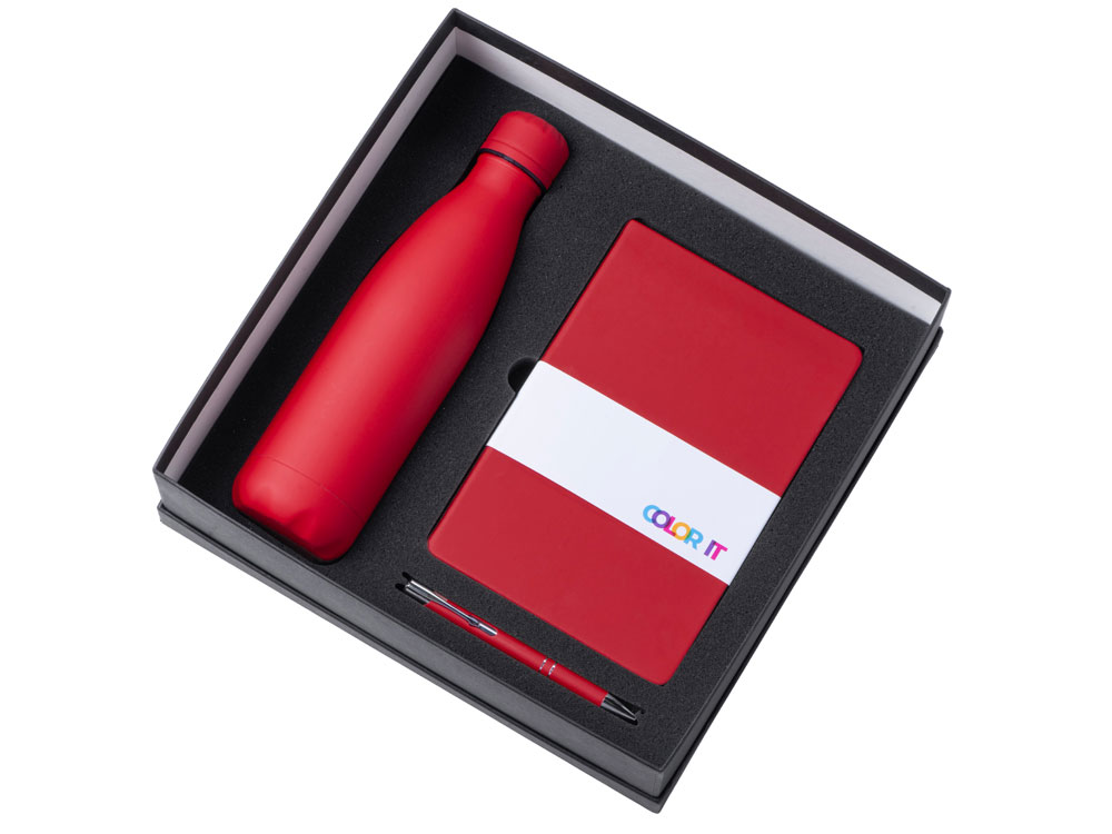 Подарочный набор с блокнотом С3, металлической ручкой и термобутылкой, красный-1