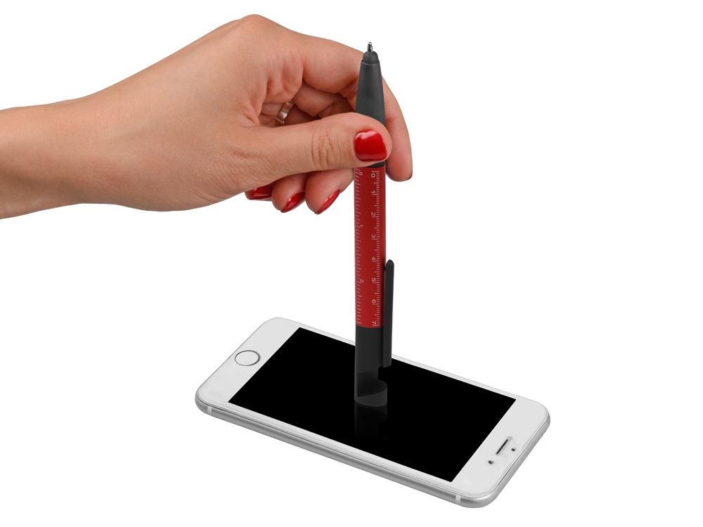 Ручка-стилус металлическая шариковая многофункциональная (6 функций) Multy, красный-4