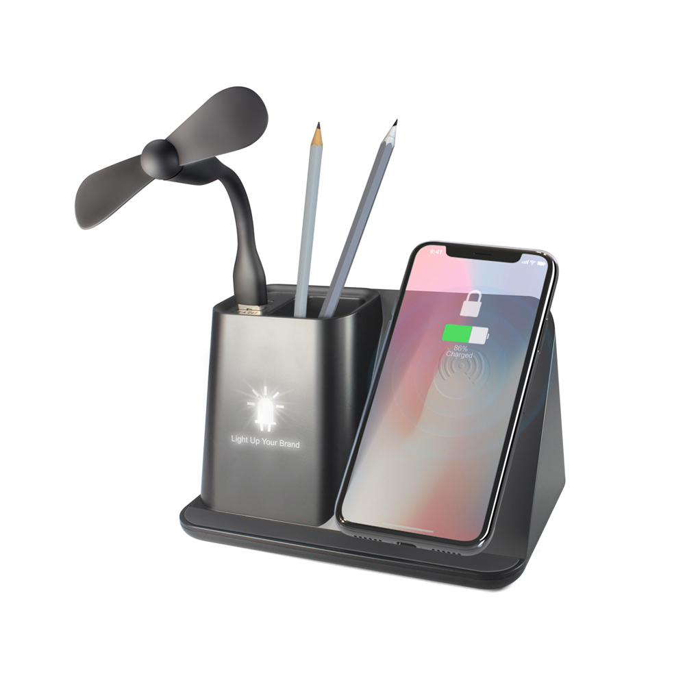 Настольный органайзер Mercury c беспроводной зарядкой и вентилятором, Черный-0