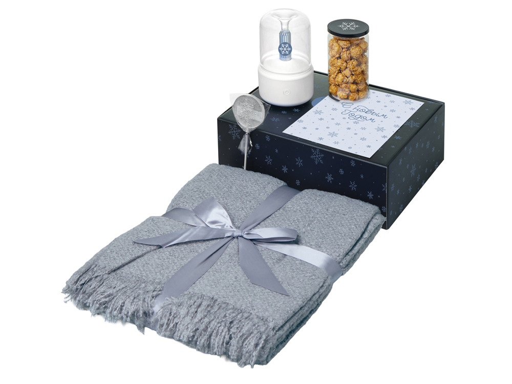 Подарочный набор с пледом, увлажнителем и попкорном, серый-0