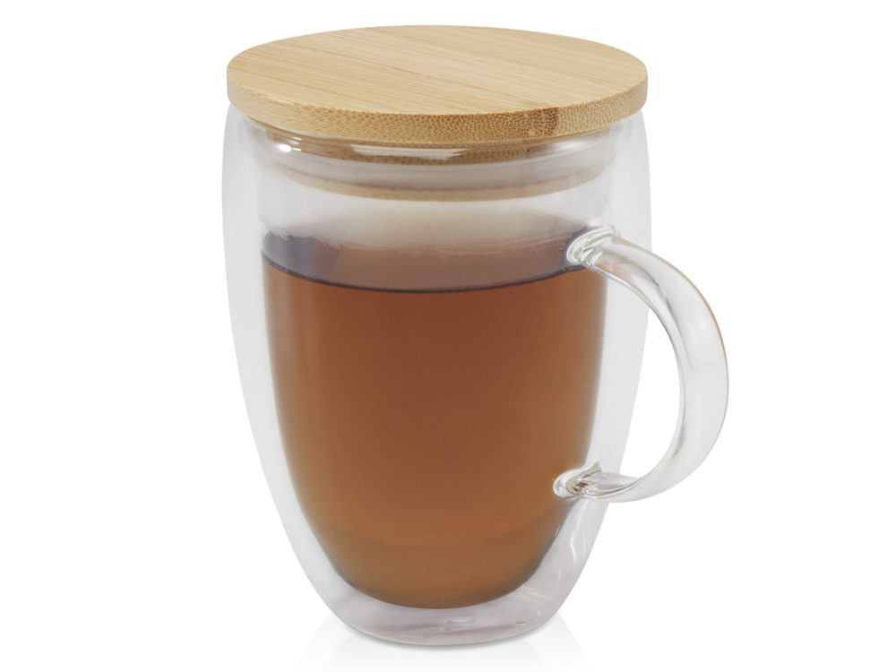 Стеклянная кружка Leona объемом 350 мл с бамбуковой крышкой - прозрачный-0