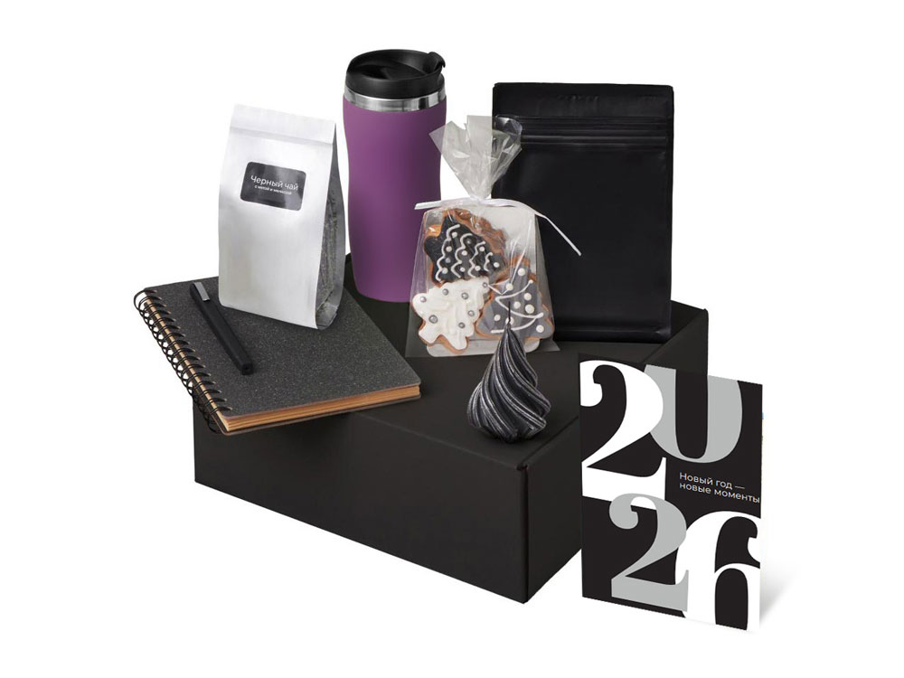 Подарочный набор c термокружкой, чаем, кофе и блокнотом, фиолетовый-1