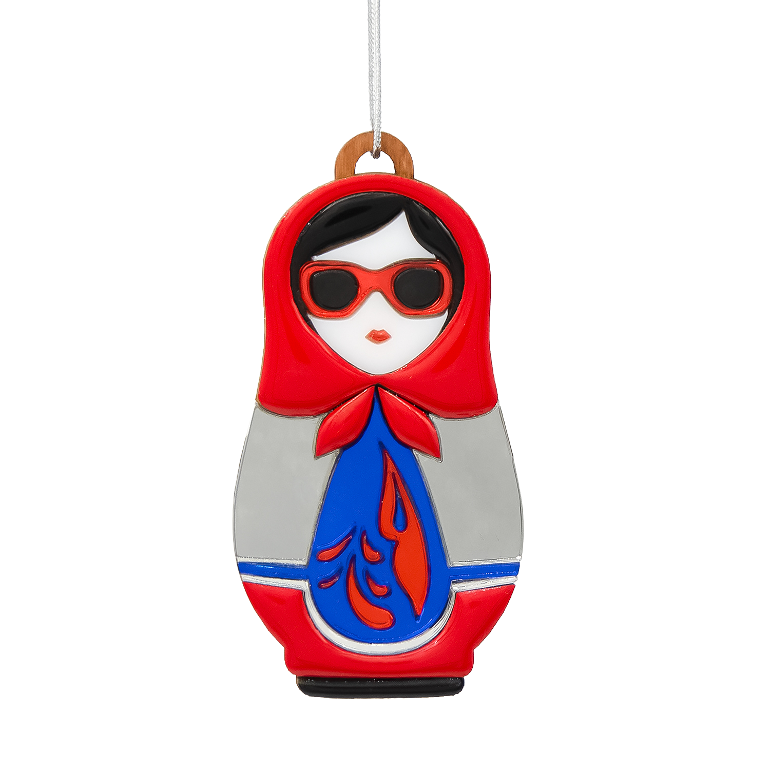 Ёлочная игрушка Матрёшка с узорами (красный с синим)-1