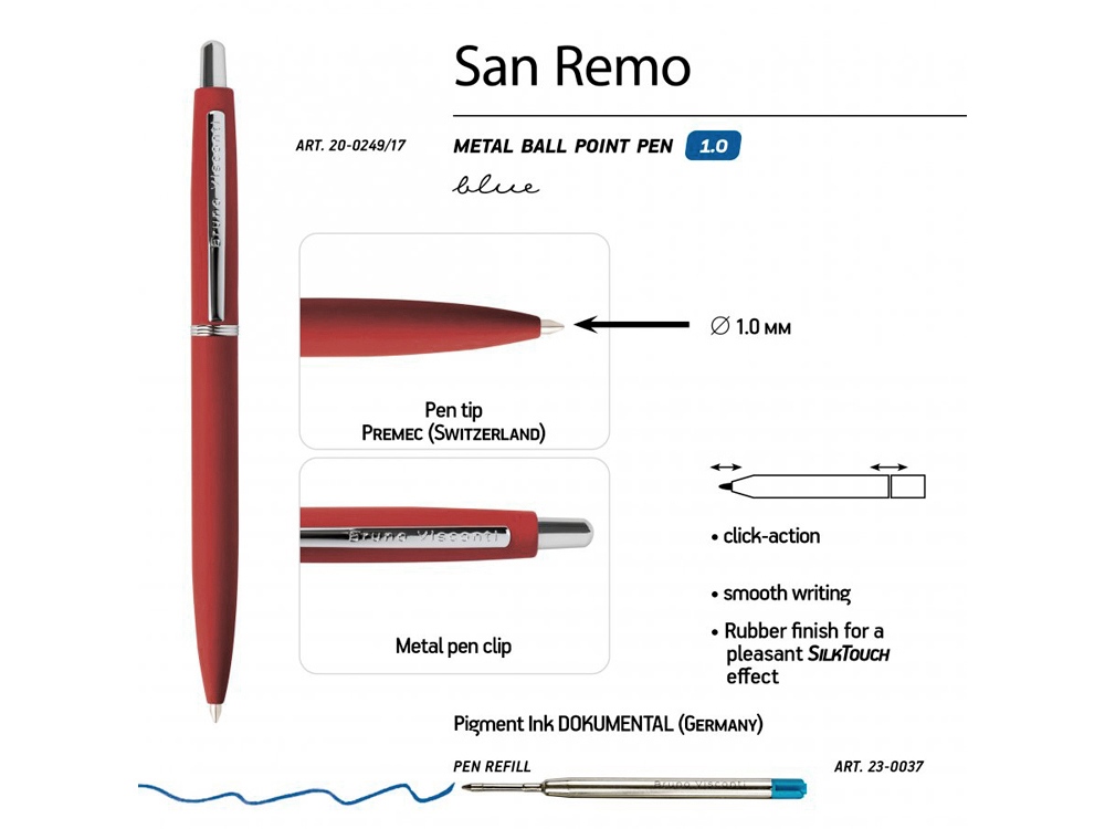 Ручка SAN REMO шариковая, автоматическая, красный  металлический корпус 1.00 мм, синяя-2