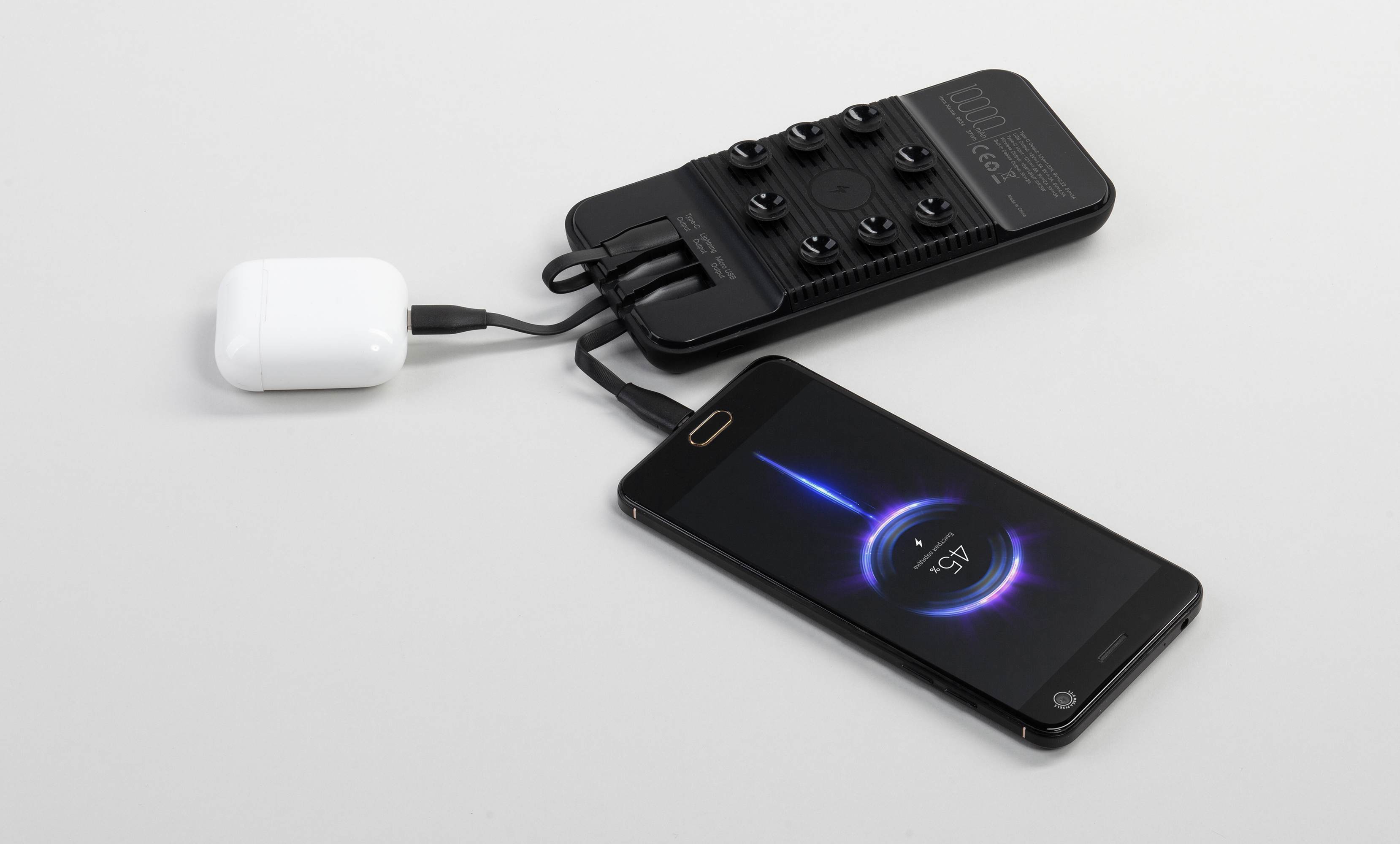 Беспроводное зарядное (22.5/15W) устройство "Topfull SOFTTOUCH" 10000 mAh с подсветкой лого, присосками, встроенными кабелями, с подставкой-6