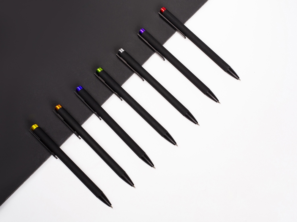 Ручка металлическая шариковая Taper Metal софт-тач с цветным зеркальным слоем, черный с синим-4
