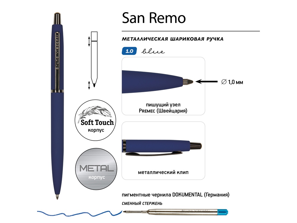 Ручка металлическая шариковая San Remo, софт-тач, 1.0 мм, синий-2