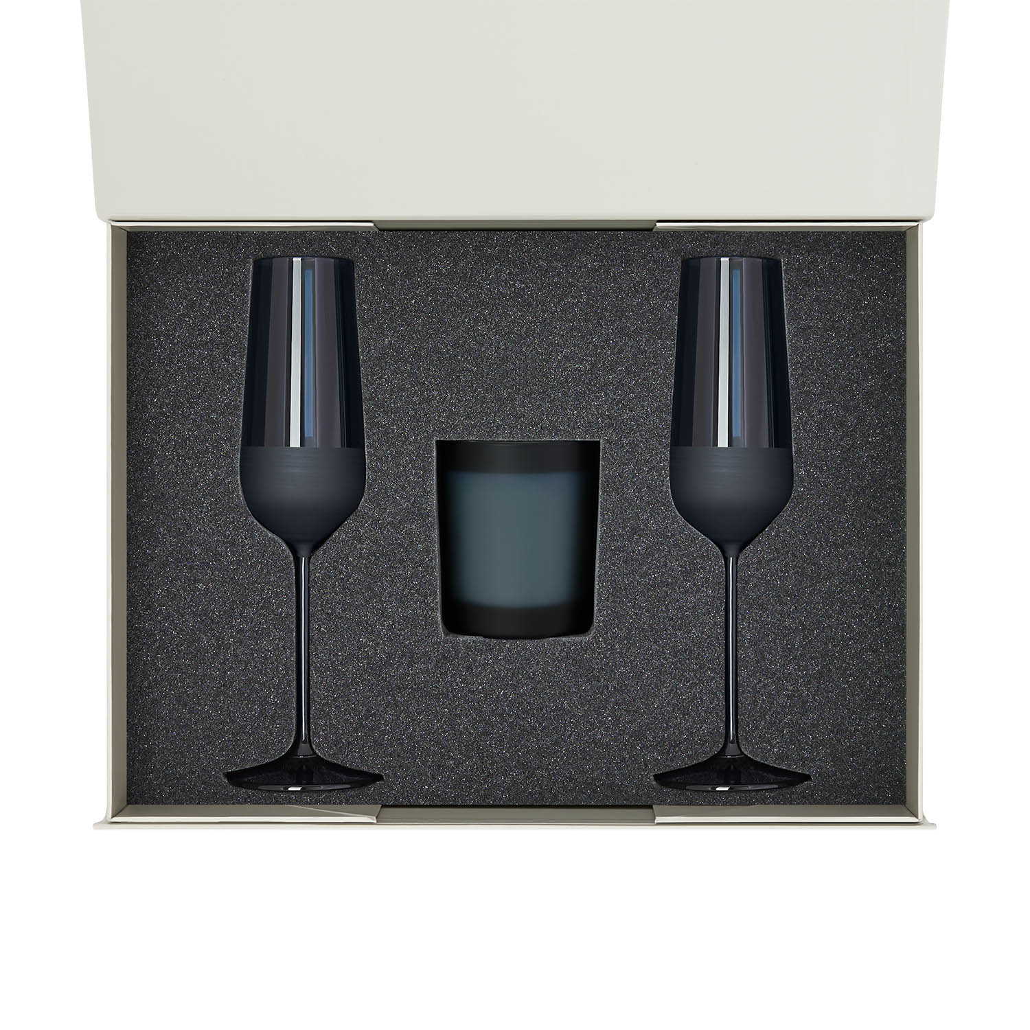 Подарочный набор свеча Энигма (Enigma) + 2 бокала для шампанского Сапфир (Sapphire) в серой коробке-1