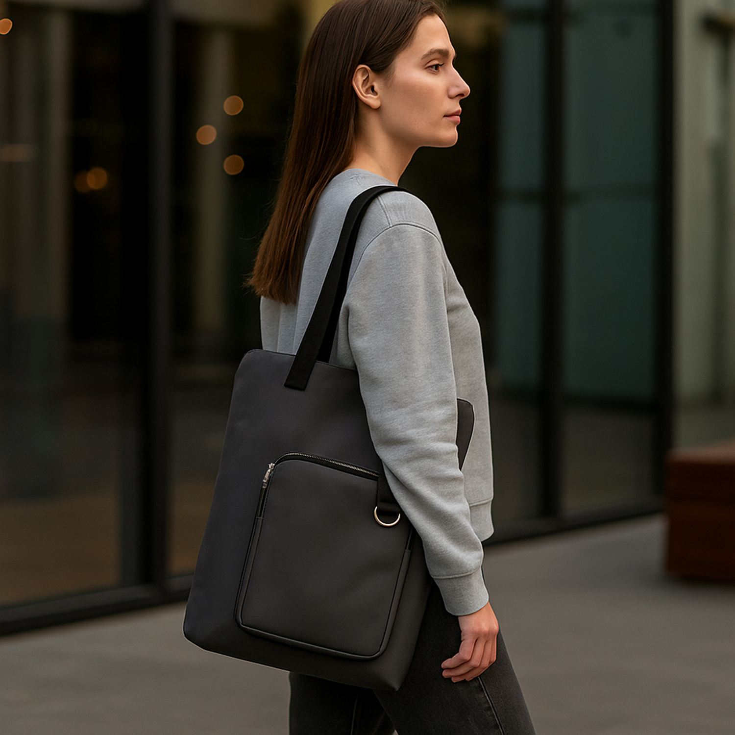 Шоппер Superbag Pocket, с внутренним креплением (карабин) и чехлом для мелочей (серый с черным)-6