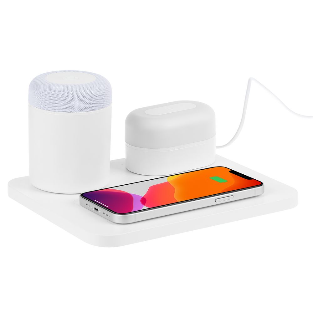 Станция беспроводной зарядки с колонкой и ночником Trilogy, белая-1