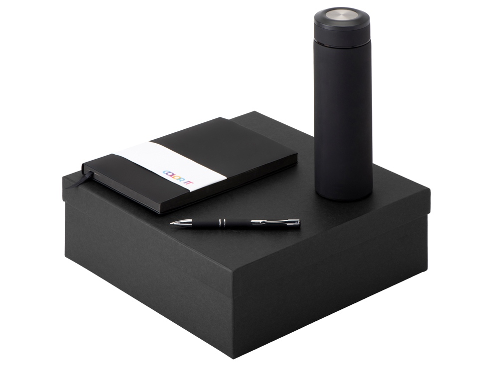 Подарочный набор с блокнотом С1, металлической ручкой и термосом, черный-0