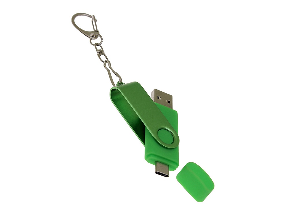 USB-флешка на 32 Гб 2 в 1 поворотный механизм, c дополнительным разъемом Type-C с одноцветным металлическим клипом, зеленый-3