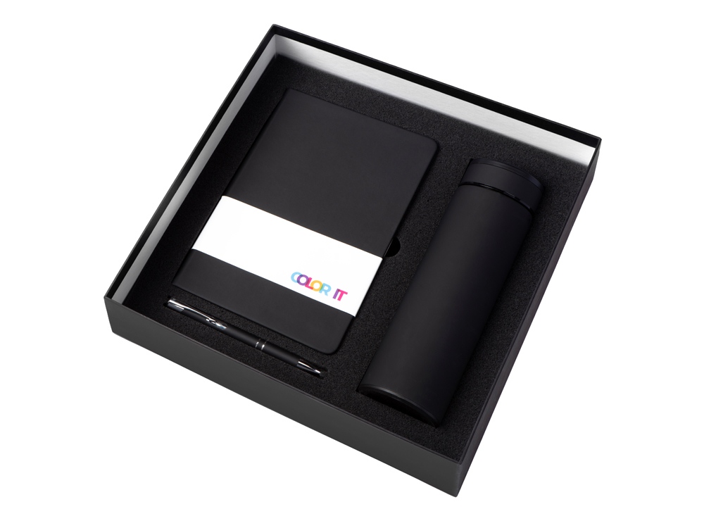 Подарочный набор с блокнотом С3, металлической ручкой и термосом, черный-1