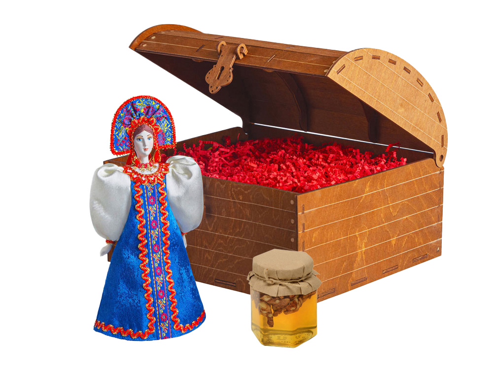 Подарочный набор: кукла фарфоровая, мед, синий-0