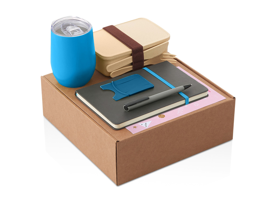 Набор с термокружкой, блокнотом, ручкой и ланчбоксом Refreshment, голубой-0