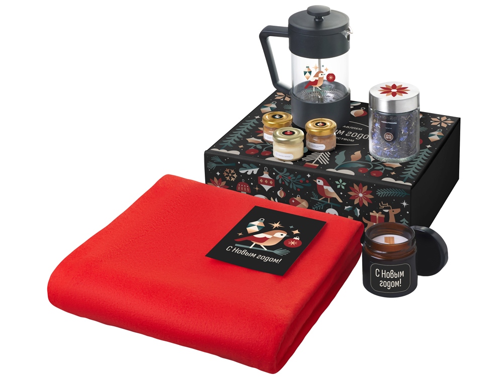Подарочный набор c пледом, френчпрессом, чаем и медом, красный-0