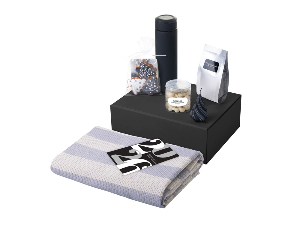 Подарочный набор c пледом, термосом, свечой и миндалем, черный-1