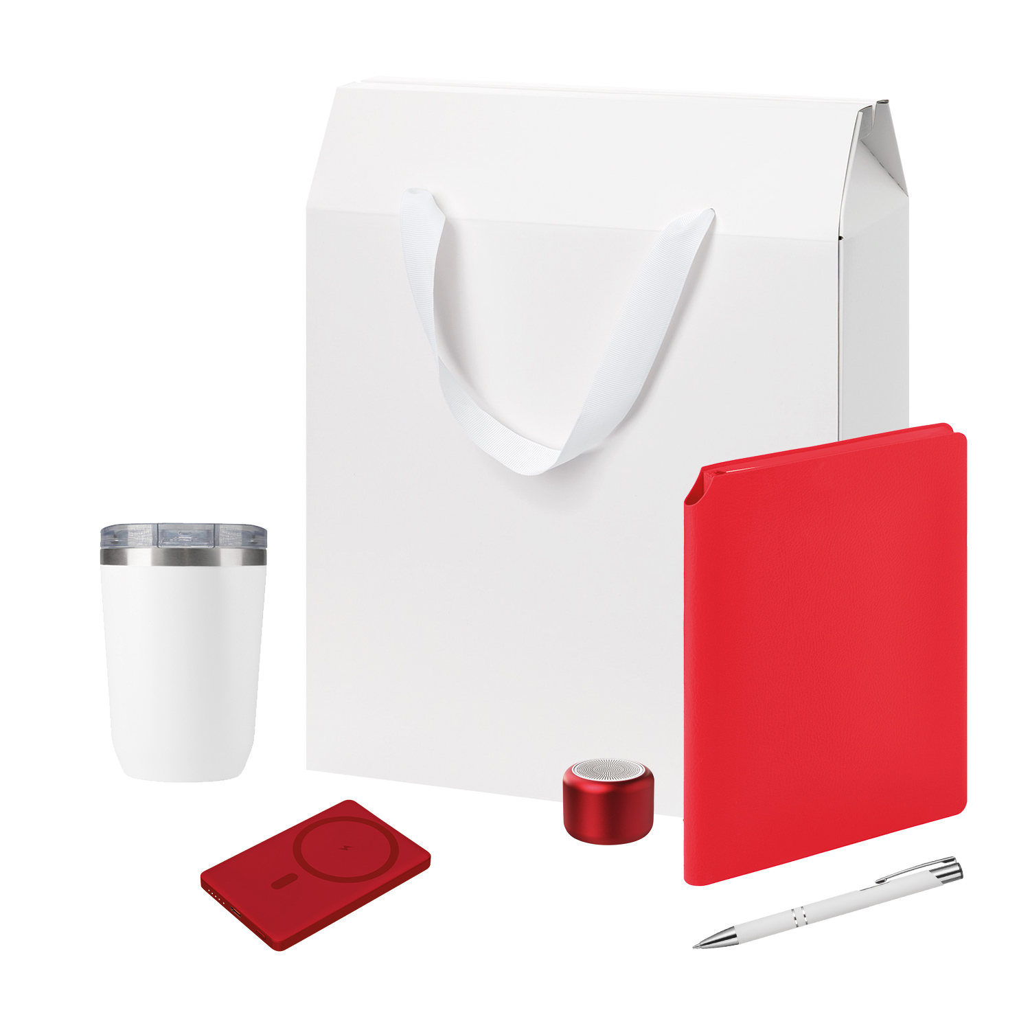Подарочный набор Велком Пак Премиум (Welcome Pack Premium), красный (термокружка, колонка, ежедневник, ручка, ЗУ, коробка-пакет)-0