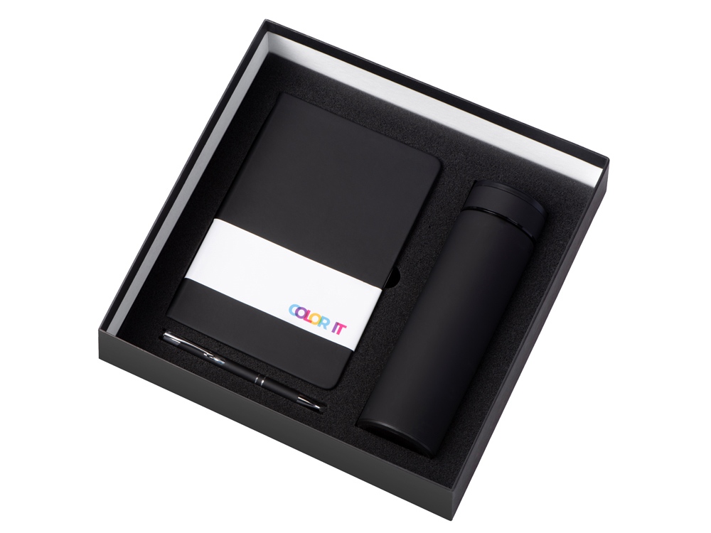 Подарочный набор с блокнотом С2, металлической ручкой и термосом, черный-1