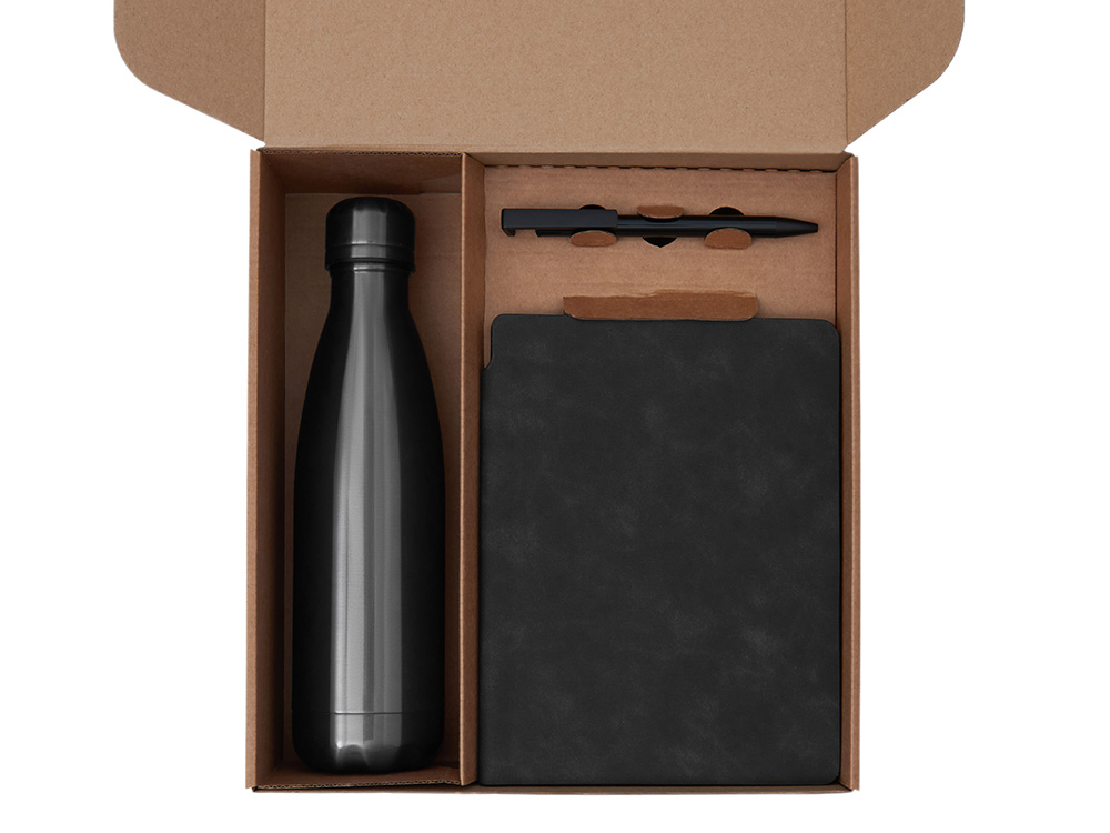 Подарочный набор с термобутылкой, блокнотом, ручкой и чаем, черный-1