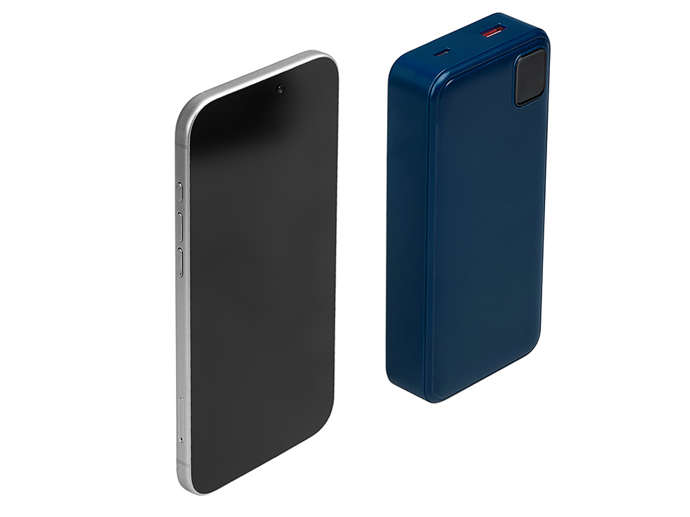 Внешний аккумулятор со встроенными кабелями Фрэйм Про, быстрая зарядка, 20000мач, тёмно-синий-1