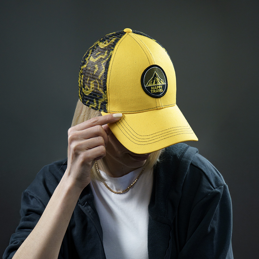 Образец бейсболка CUSTOM MERCH, 6 клиньев, пластиковая застёжка, черный, желтый-1
