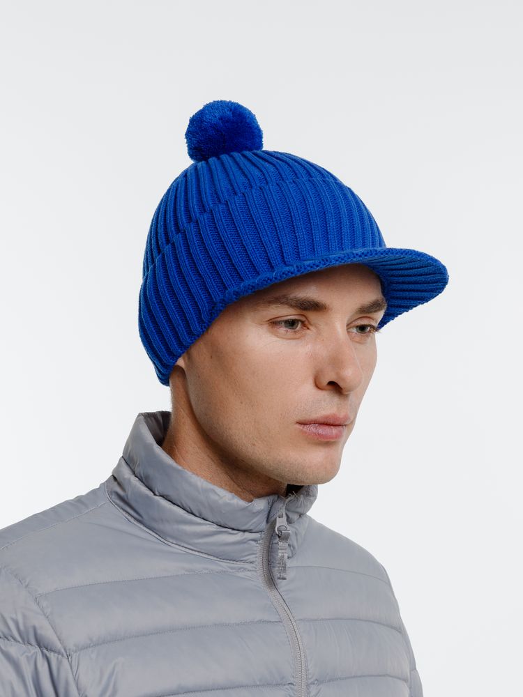 Вязаная шапка с козырьком Peaky, синяя (василек)-3