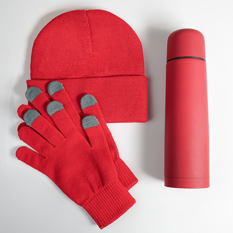 Набор подарочный GET WARM: перчатки, шапка, термос; красный, красный-1