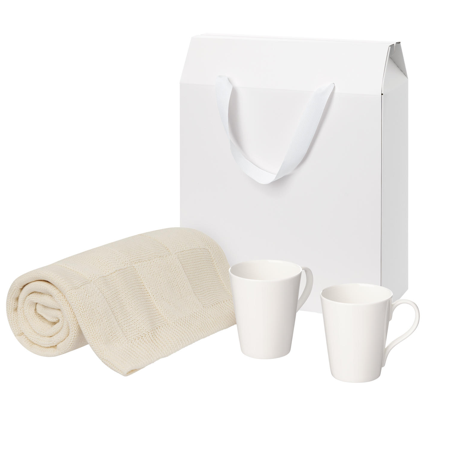 Подарочный набор Веста (Vesta), Селла (Cella), бежевый в коробке-пакете (две фарфоровых кружки, плед)-0