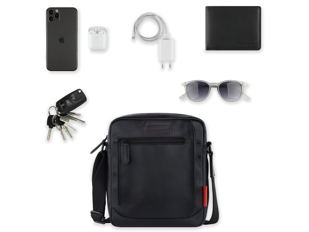 Сумка наплечная мужская BUGATTI Clark, чёрная, воловья кожа/полиэстер, 21х6,5х24 см, 3 л-5