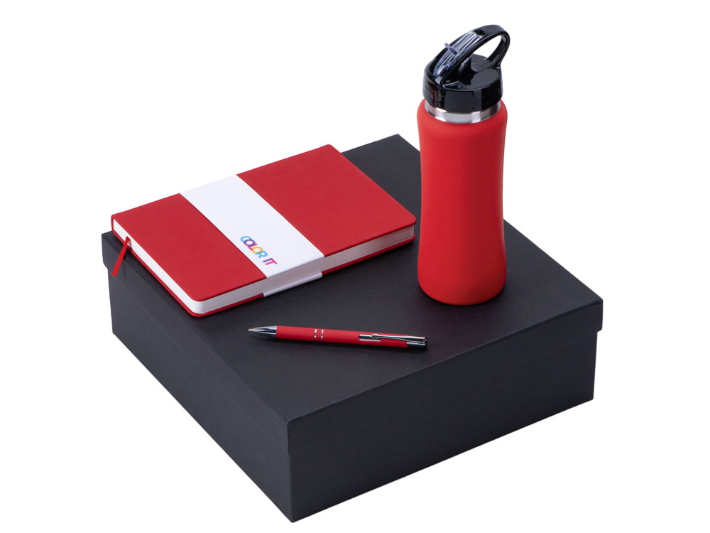 Подарочный набор с блокнотом С3, металлической ручкой и бутылкой для воды, красный-0