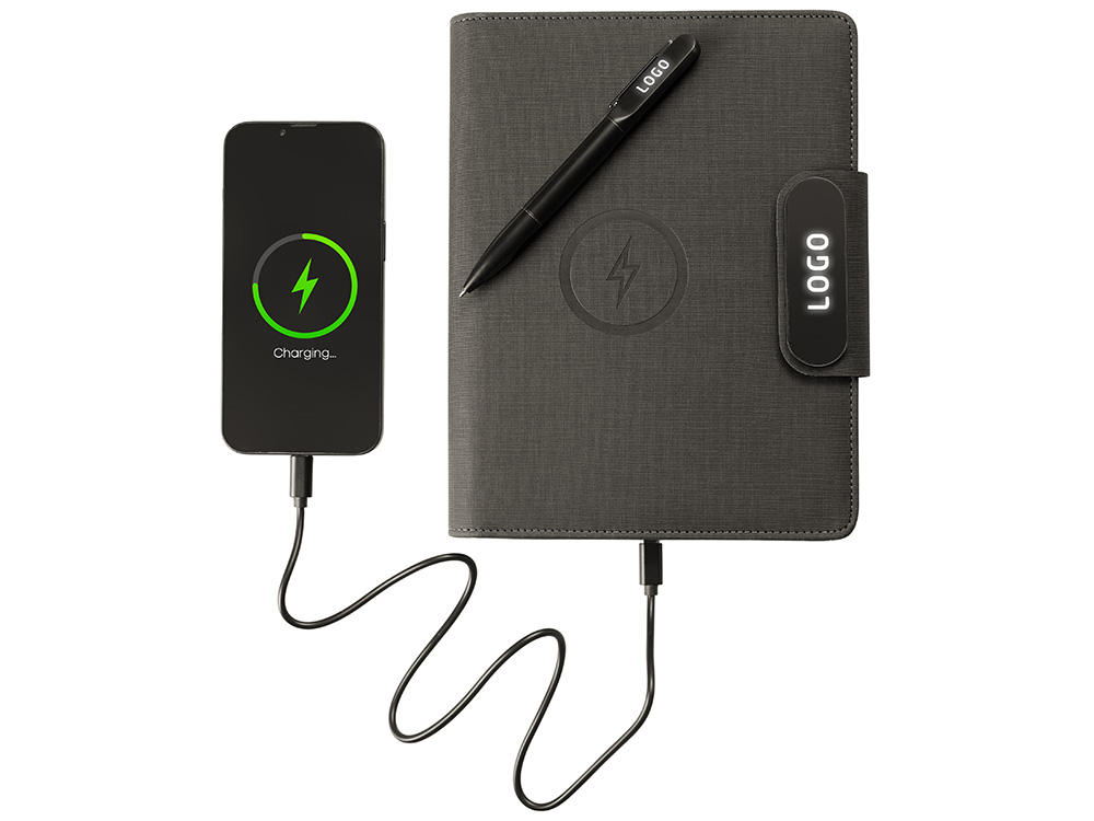 Подарочный набор металлическая ручка и блокнот А5 Twilight  со светящимся логотипом и пауэрбэнком-5