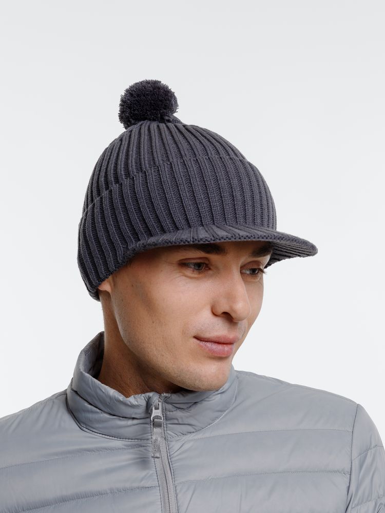 Вязаная шапка с козырьком Peaky, серая (антрацит)-5