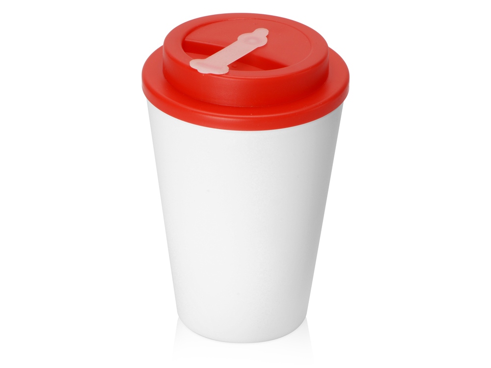 Пластиковый стакан Take away с двойными стенками и крышкой с силиконовым клапаном, 350 мл, белый/красный-0