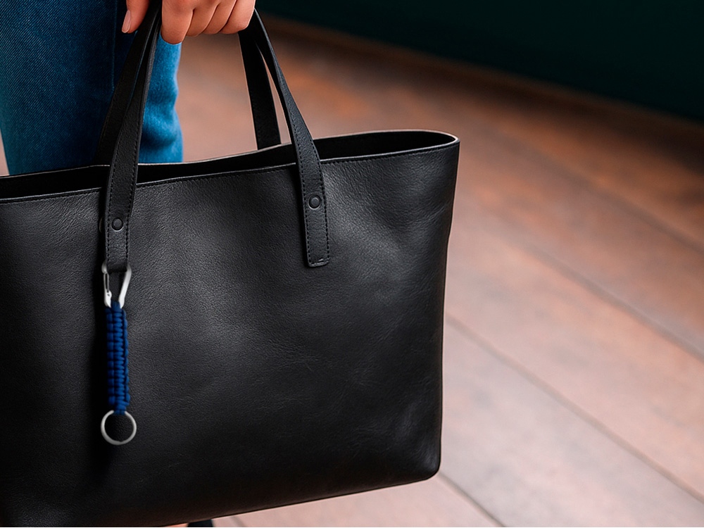 Брелок-веревочка Austere с карабином и кольцом, темно-синий с серебристым-3