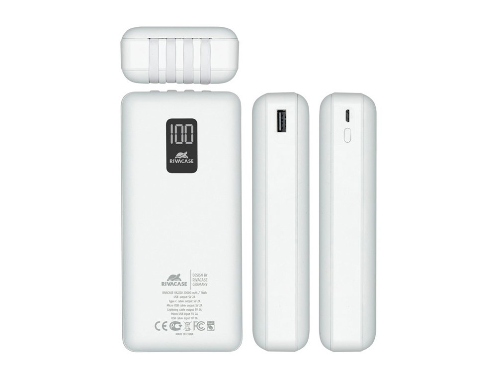 RIVACASE VA2220 (20000 мАч) внешний аккумулятор с дисплеем и встроенными кабелями, белый, 12/24-3