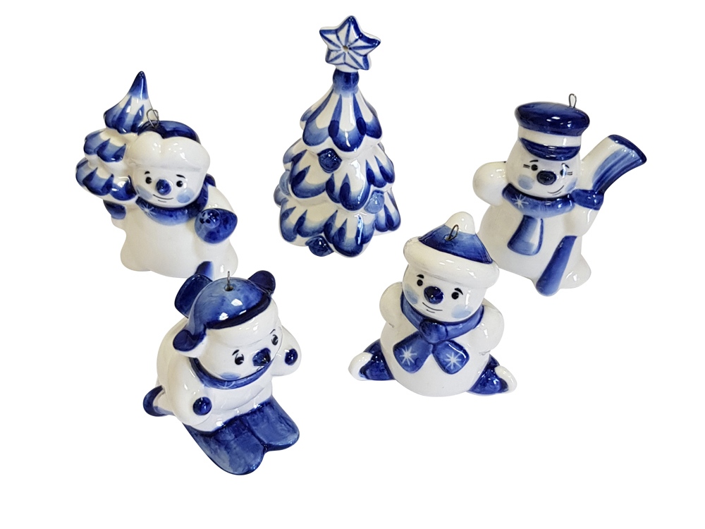 Набор елочных игрушек Снеговички кобальтовая роспись-1
