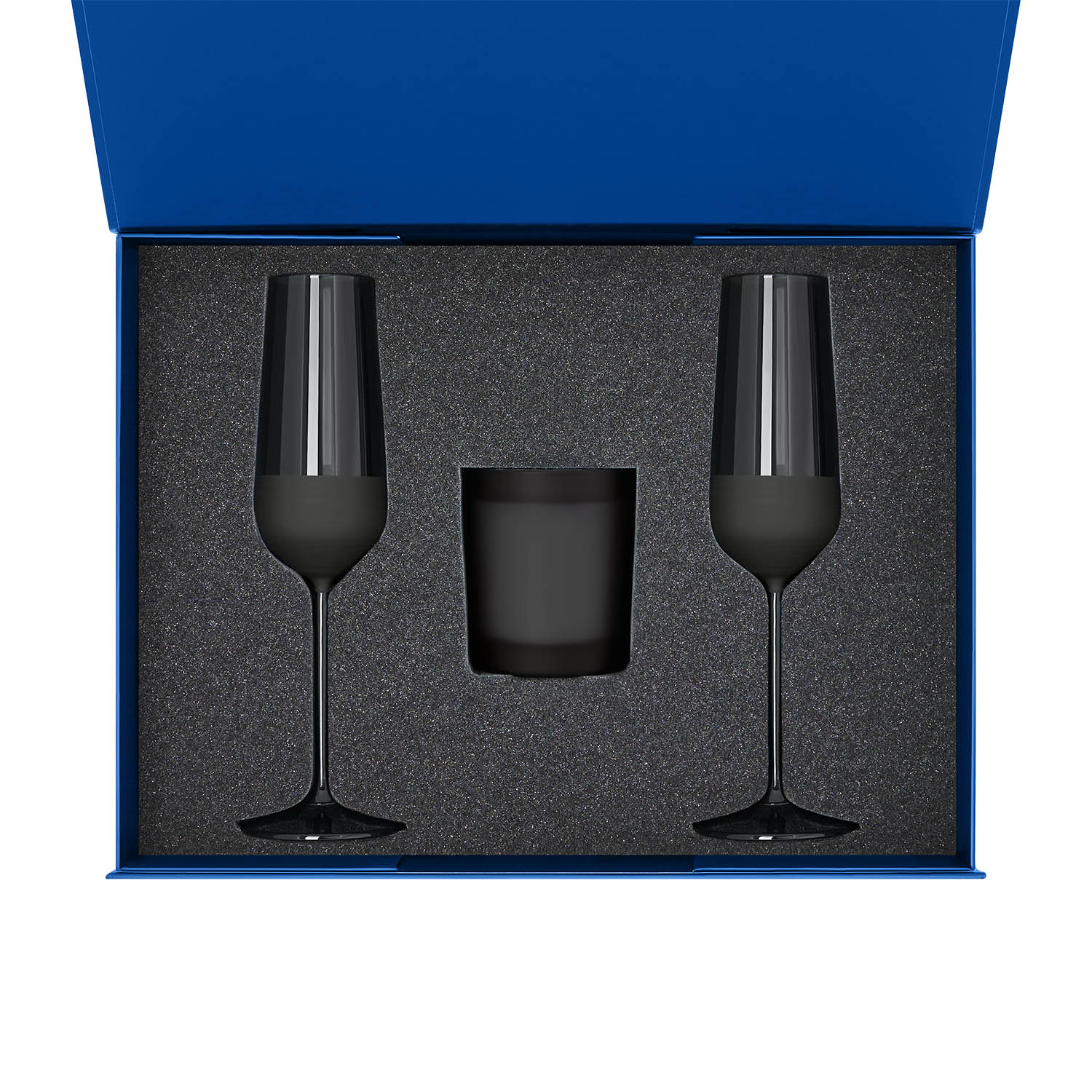 Подарочный набор свеча Enigma + 2 бокала для шампанского Black Edition в синей коробке-1