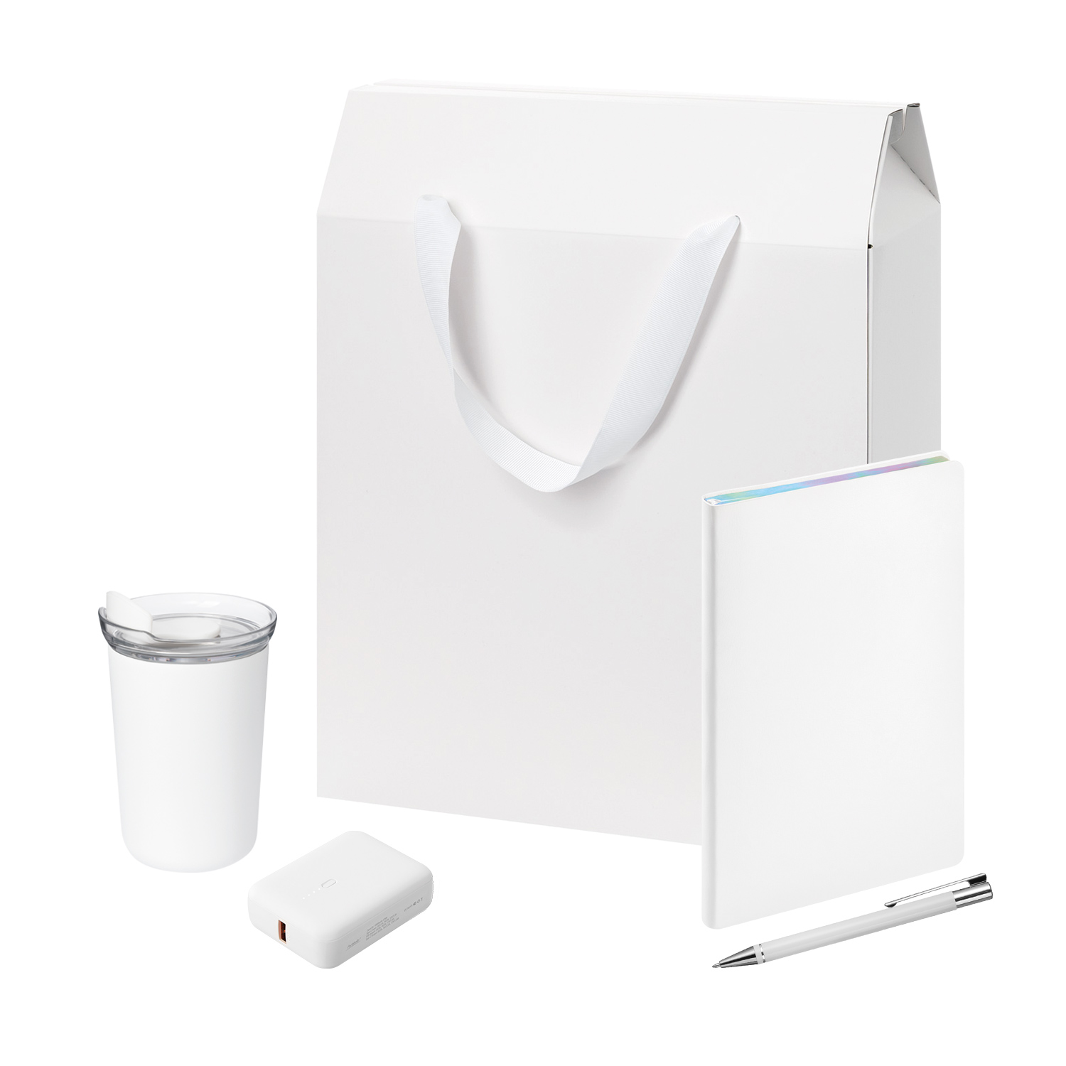 Подарочный набор Welcome Pack, белый (термокружка, ежедневник, ручка, ЗУ, коробка-пакет)-0