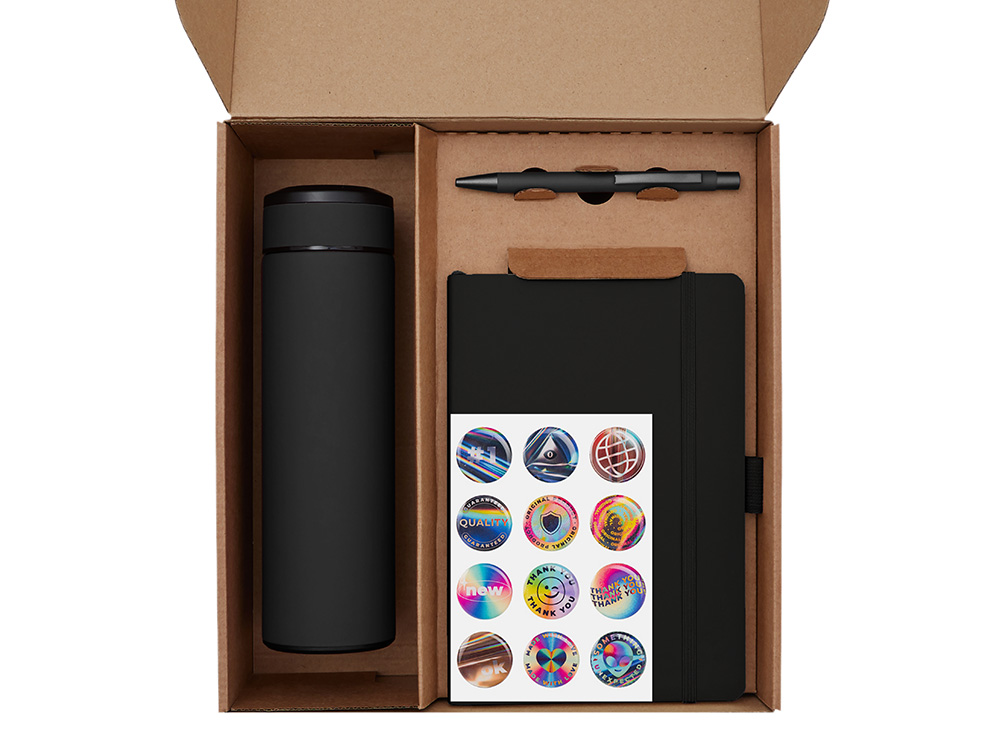 Подарочный набор с термосом, блокнотом, ручкой и чаем, черный-1