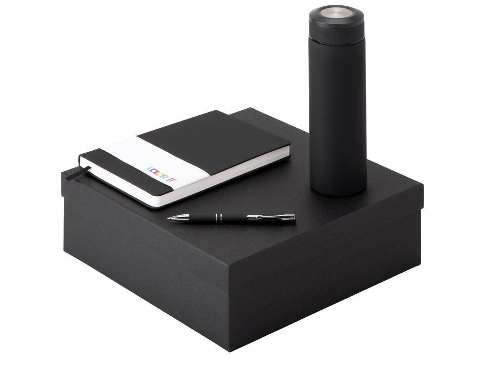 Подарочный набор с блокнотом С3, металлической ручкой и термосом, черный-0